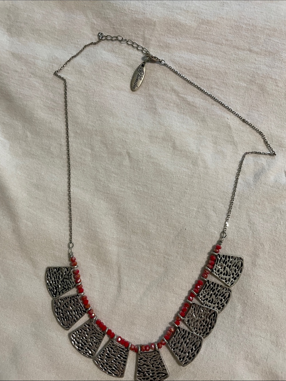 Plunder Silver Tone Necklace with Red Beads